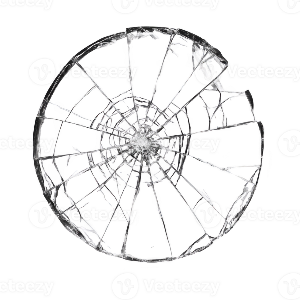 Shattered circular glass piece with intricate cracks and central focal point, creating dramatic and chaotic pattern. broken glass is isolated transparency background, emphasizing its fragmented png