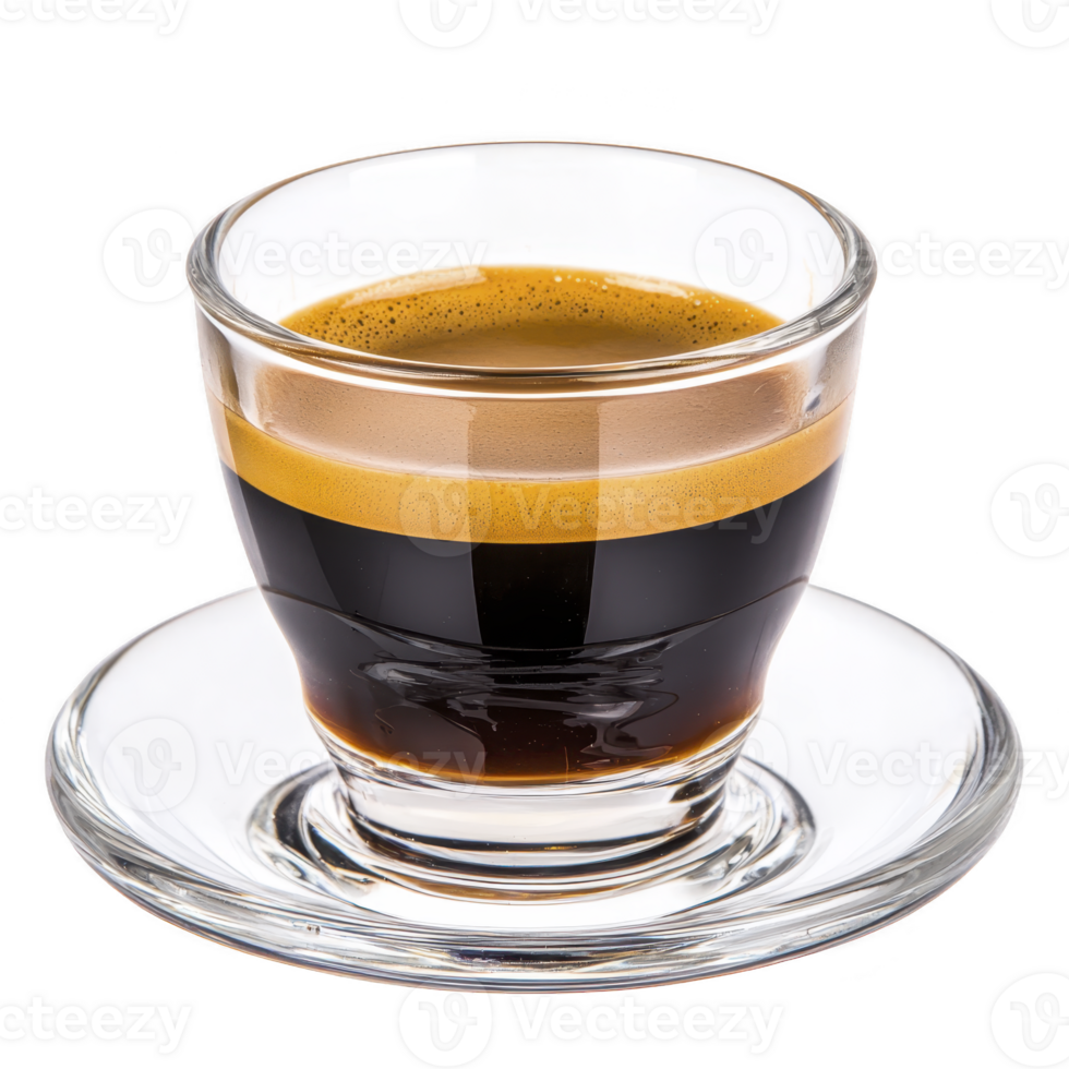Clear glass cup filled with rich, dark espresso sits on matching saucer, showcasing creamy, golden crema on top. simplicity and elegance of presentation evoke sense of warmth and sophistication png