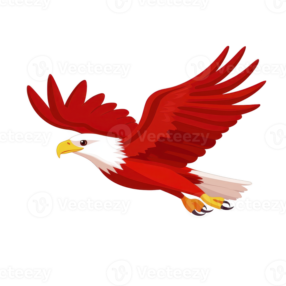 Vibrant red eagle with outstretched wings soars gracefully through air, showcasing its majestic presence and dynamic movement. illustration captures essence of freedom and strength png