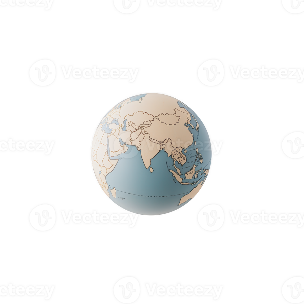 Globe displaying map of Asia, highlighting countries with clear borders and muted color palette. globe is set against plain background, emphasizing its spherical shape png