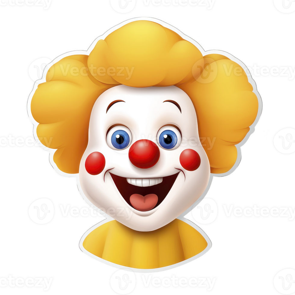 Cheerful clown emoji with big smile, bright red nose, and rosy cheeks, featuring vibrant yellow hair and playful expression. design is colorful and cartoonish, conveying joy and fun png