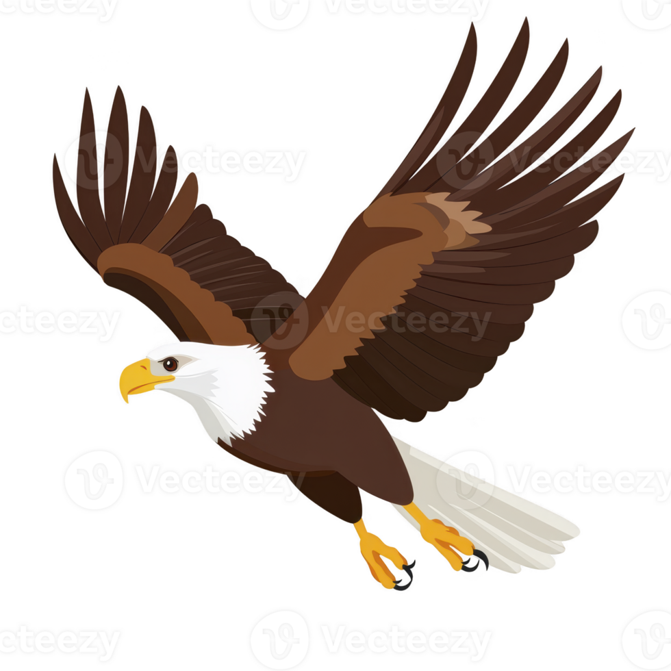 Majestic bald eagle with outstretched wings soars gracefully through sky, showcasing its powerful talons and sharp beak. bird striking white head contrasts with its dark brown body png
