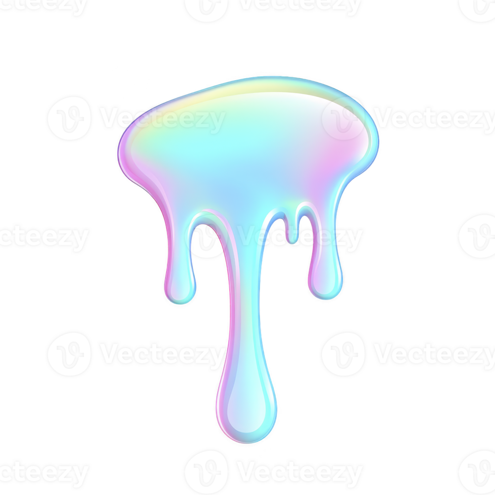 Vibrant, iridescent liquid droplet with glossy, dripping effect against transparent background, showcasing blend of pastel colors png