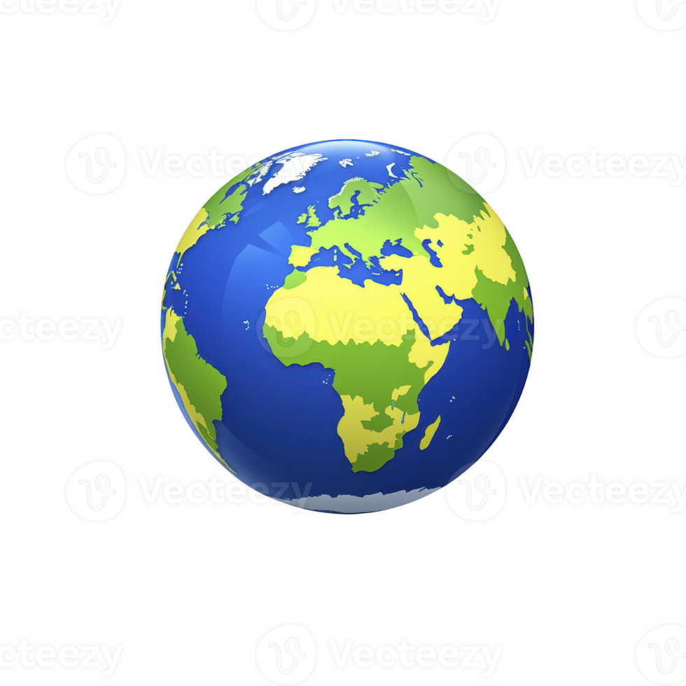 3D illustration of Earth showcases continents green and oceans blue, set against transparency background. globe highlights Europe, Africa, and parts of Asia, emphasizing vibrant and educational png