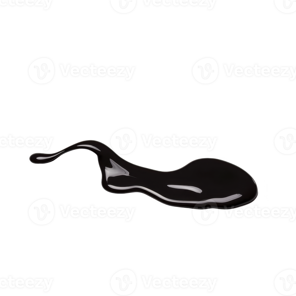 Single, glossy black paint splash with smooth, flowing shape on transparent background, resembling liquid droplet in motion png