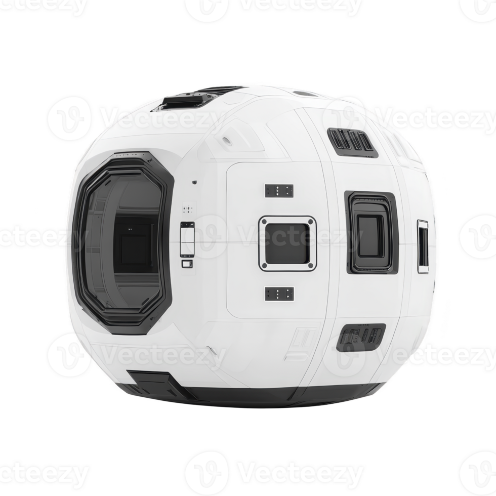 Futuristic white space module with sleek design and multiple hatches, showcasing advanced technology and innovation. module smooth surface and geometric shapes suggest high tech environment png