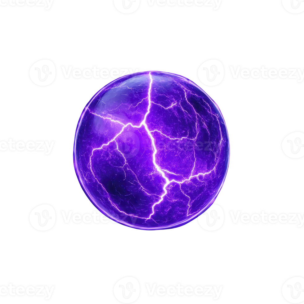 Glowing purple energy sphere with electric lightning cracks creates mystical and powerful visual effect. vibrant colors and dynamic design evoke sense of magic and energy png