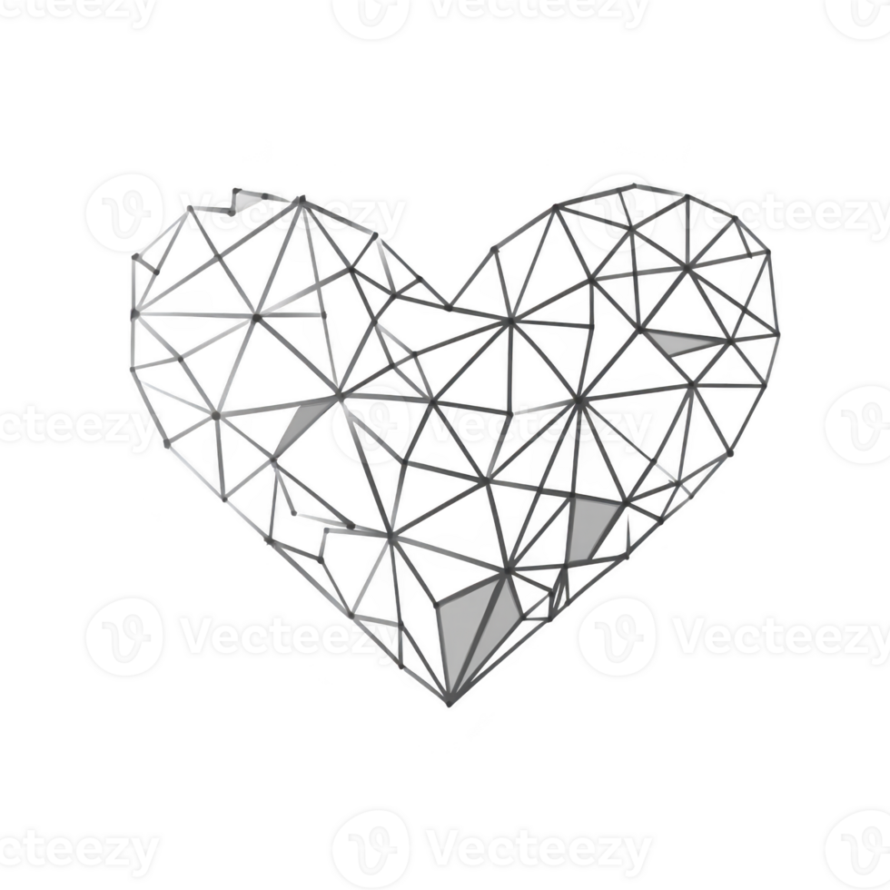 Geometric heart design with faceted, polygonal structure in black and white, creating modern and abstract appearance. intricate lines and shapes form unique artistic representation png