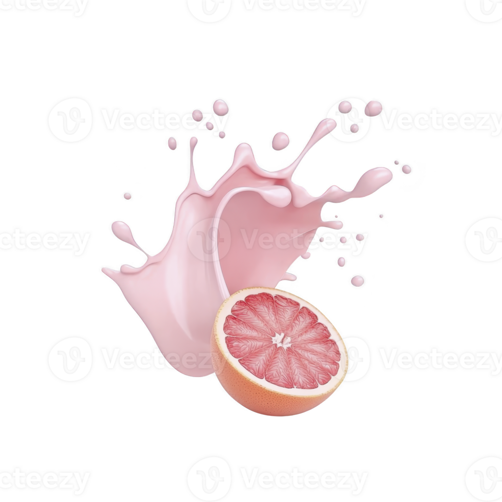 Fresh grapefruit half is splashed with pink liquid, creating vibrant and refreshing scene. dynamic splash adds energy and highlights fruit juicy texture png