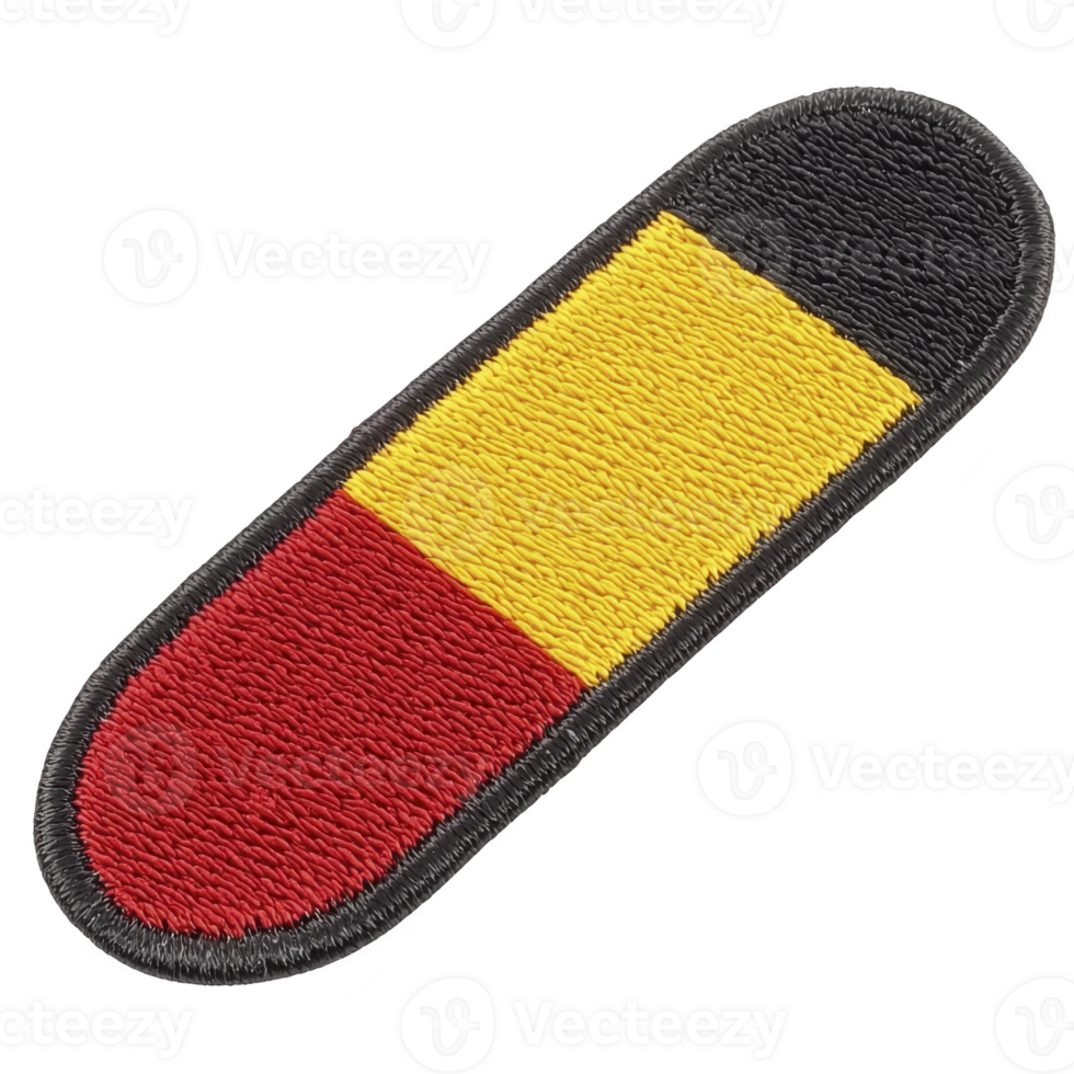 This shows embroidered patch shape of capsule, featuring three vertical color sections black, yellow, and red. design is simple and bold.Embroidered patch capsule with black, yellow, red colors png