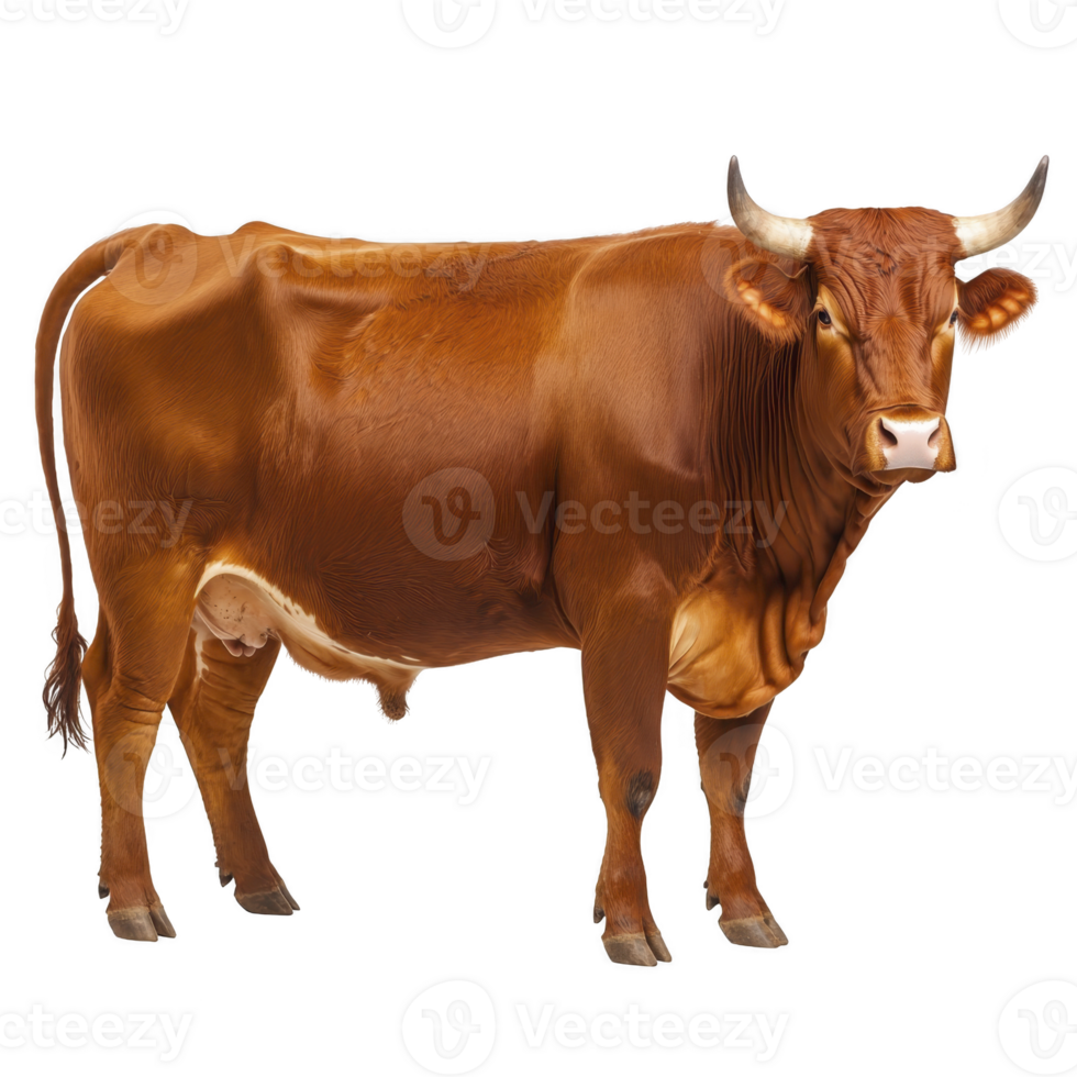 Brown cow with prominent horns stands facing forward, showcasing its strong build and smooth coat. cow expression is calm and serene, highlighting its gentle nature png