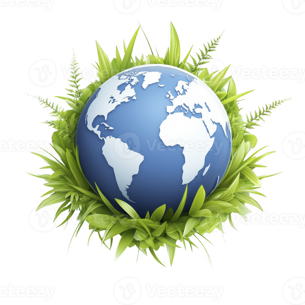 Blue and white globe surrounded by vibrant green leaves symbolizes environmental conservation and global sustainability. image conveys sense of harmony and ecological balance png