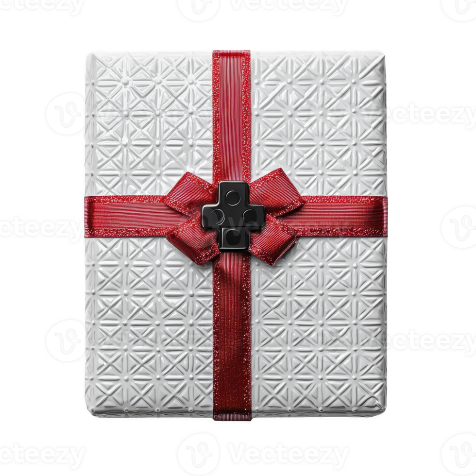 Beautifully wrapped gift box with geometric pattern and vibrant red ribbon, perfect for special occasions. elegant design adds touch of sophistication and excitement png
