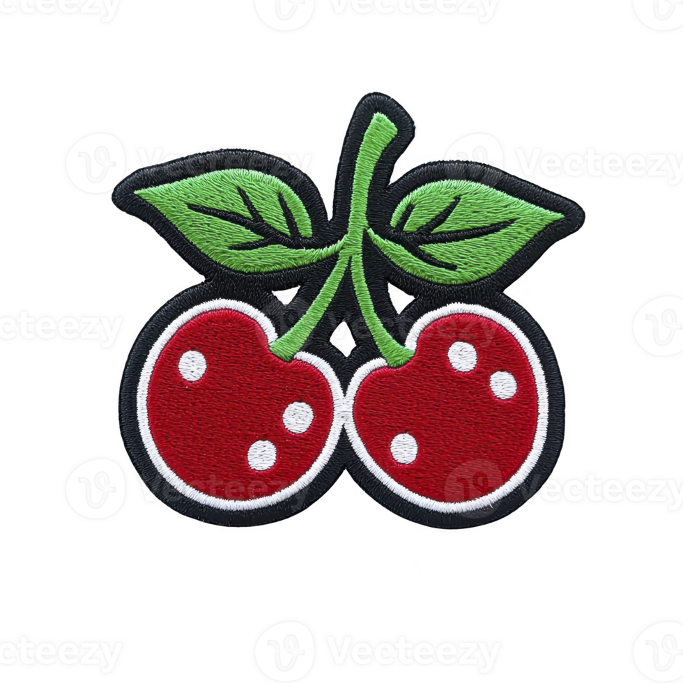 Vibrant embroidered patch featuring two red cherries with green leaves, outlined in black, perfect for adding playful touch to clothing or accessories png