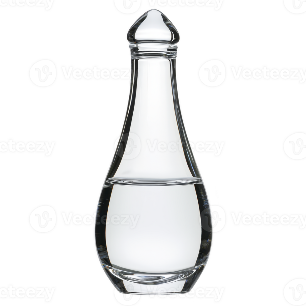 Sleek, elegant glass perfume bottle with teardrop shape and clear, reflective surface, perfect for holding fragrances. minimalist design exudes sophistication and luxury png