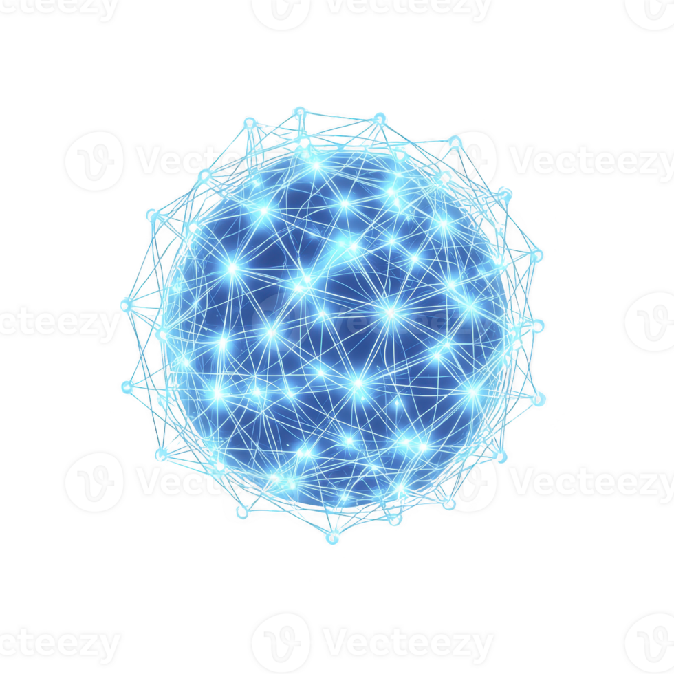 Glowing blue sphere is interconnected with network of bright lines and nodes, resembling digital or technological concept. image conveys sense of connectivity and innovation png