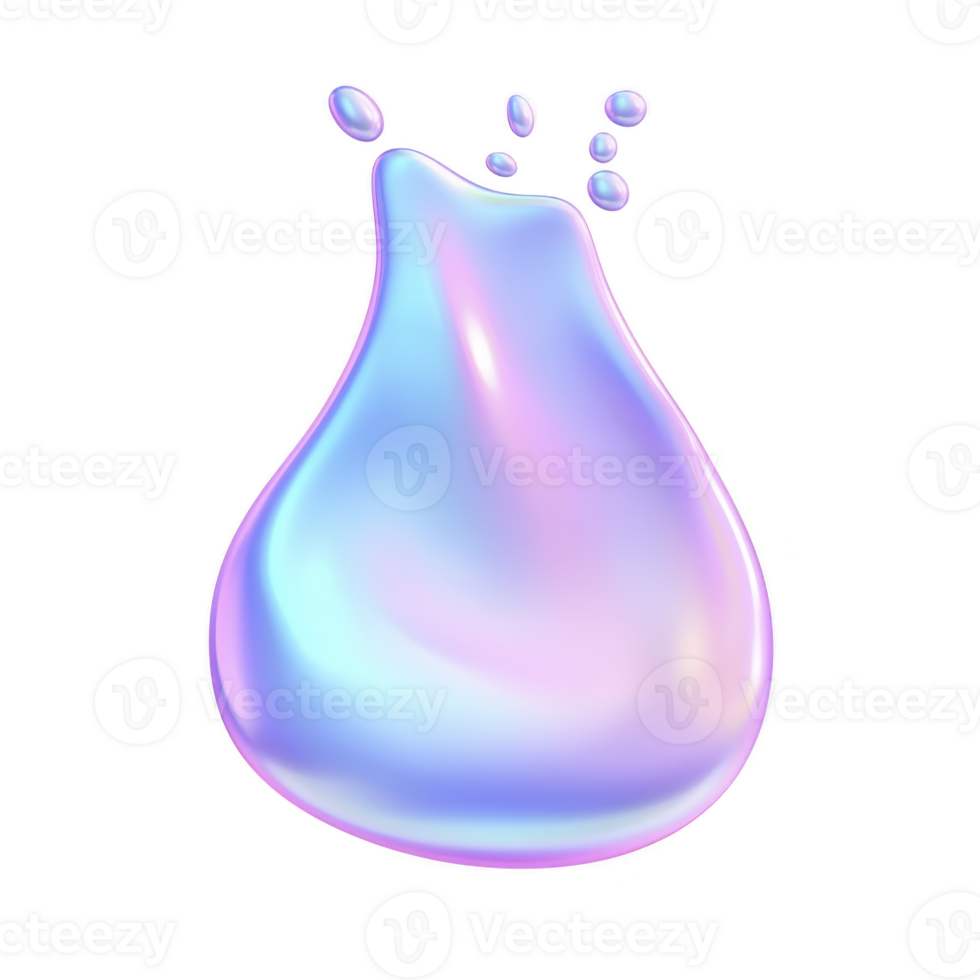 Shiny, iridescent liquid droplet with smooth, glossy surface and small droplets above it, resembling futuristic or digital design. colors blend in gradient of blue, pink, and purple hues png