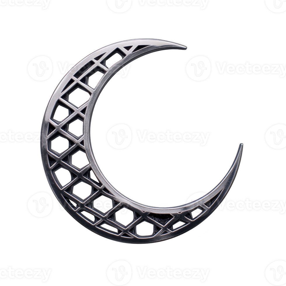 Silver crescent moon with lattice pattern creates mystical and elegant design, perfect for celestial themed decor or jewelry png