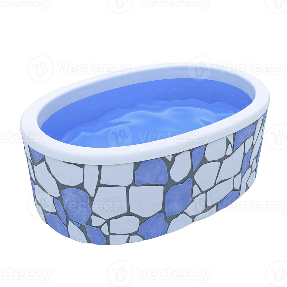 Oval stone patterned pool with smooth blue water surface, perfect for outdoor relaxation and leisure activities. design features mosaic of gray and blue stones png