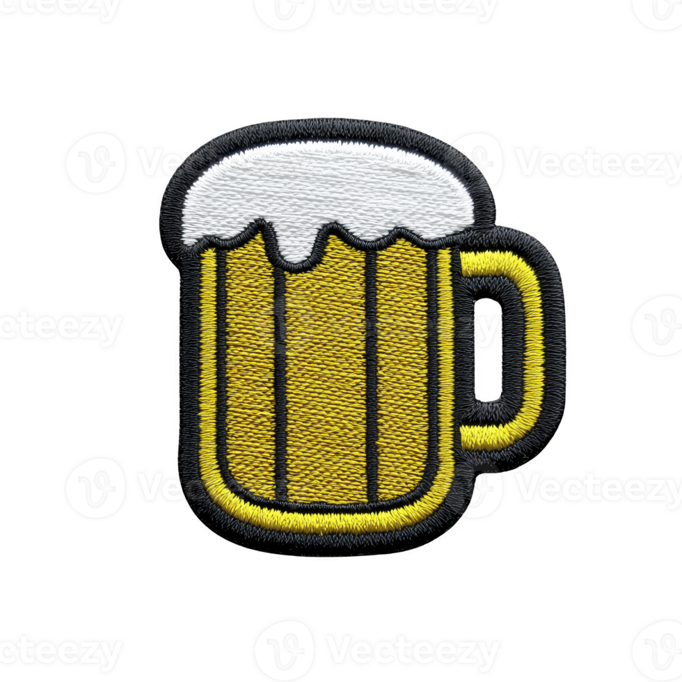Vibrant embroidered patch features frothy beer mug design, showcasing cheerful and playful style. patch is ideal for adding fun touch to clothing or accessories png