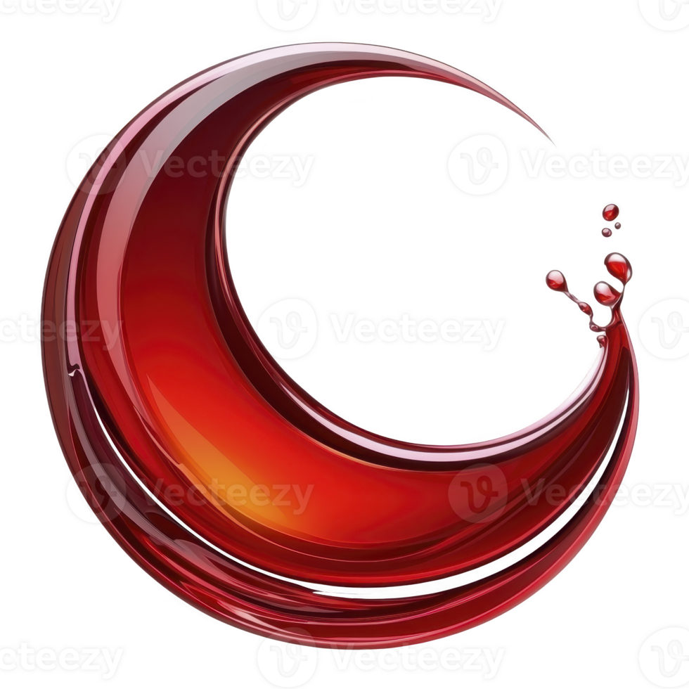 Vibrant red crescent shape with glossy finish and dynamic splash effect, resembling liquid or paint, creating sense of motion and energy png