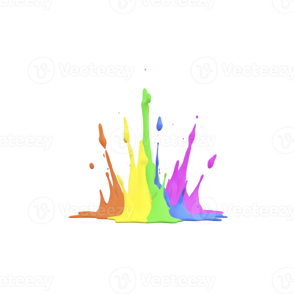 Vibrant splash of colorful paint in mid air, featuring shades of orange, yellow, green, blue, and purple, creating dynamic and energetic visual effect png