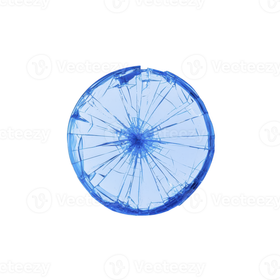 Shattered blue glass circle with intricate cracks radiating from center, creating striking pattern. broken glass is isolated on transparency background, emphasizing its texture and color png