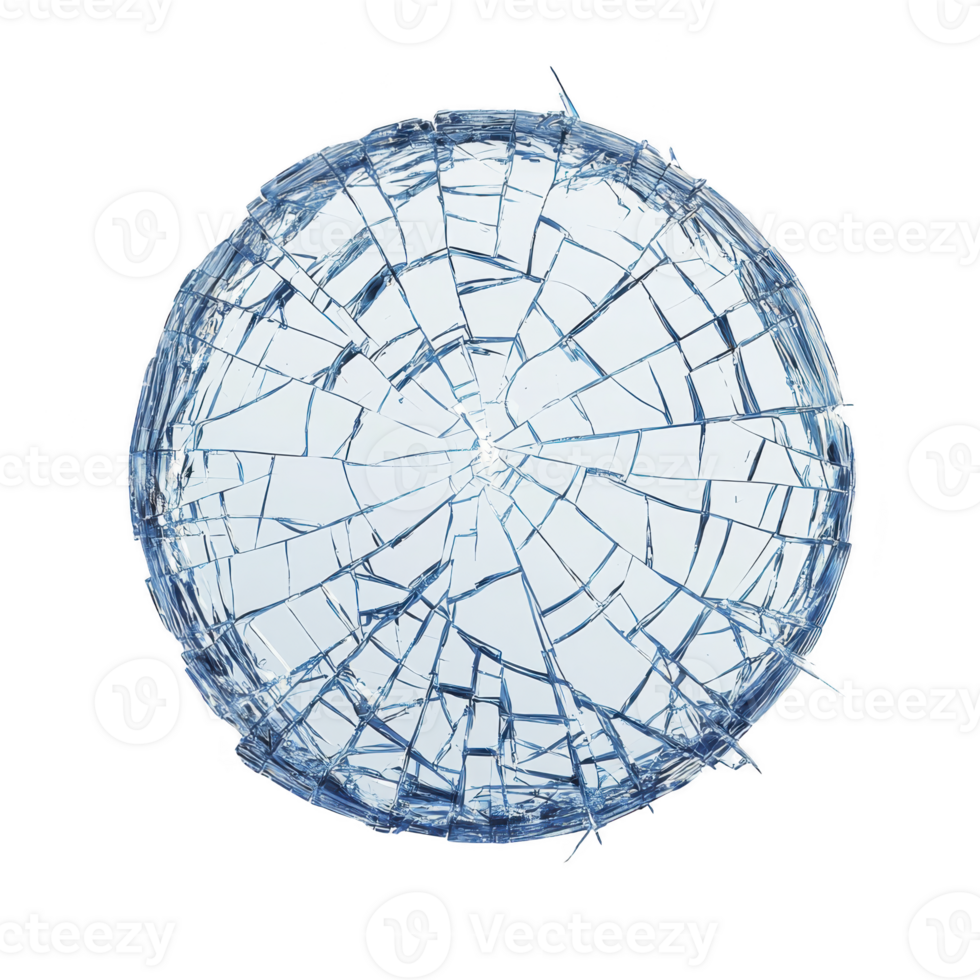 Shattered glass circle with sharp, jagged edges creates striking visual. intricate cracks form web like pattern, highlighting fragility and beauty of broken glass png