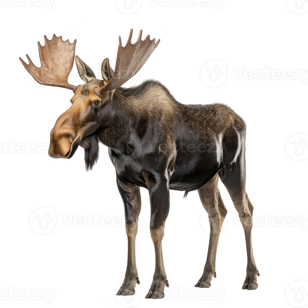 Majestic moose stands with its large antlers prominently displayed, showcasing its powerful presence and natural beauty. moose fur is mix of brown and black, adding to its rugged charm png