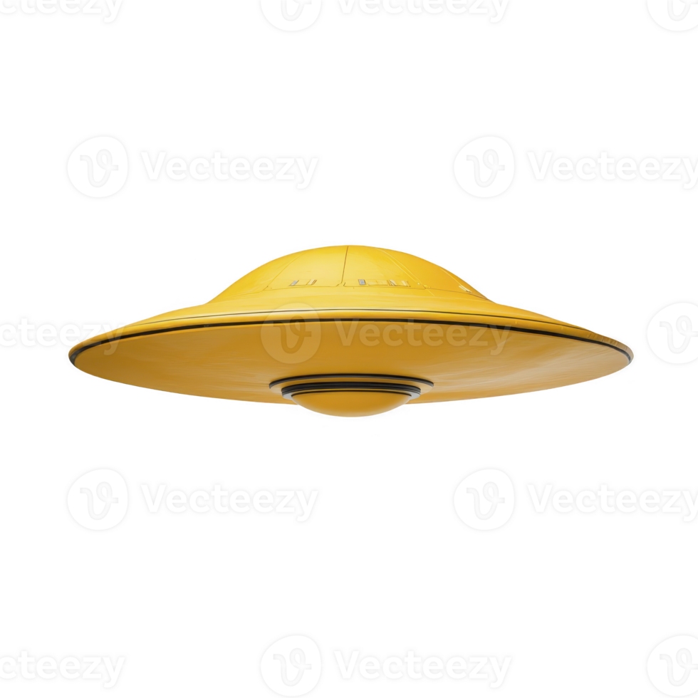 Bright yellow UFO with classic saucer shape, featuring dome on top and smooth, sleek design, hovers against transparency background, evoking sense of mystery and curiosity png