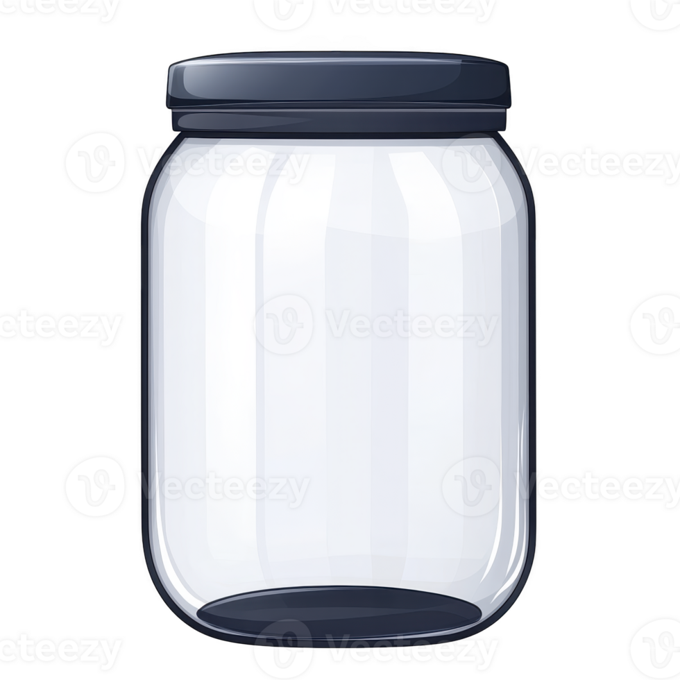 Clear glass jar with black lid is shown, perfect for storing food or organizing small items. simple design makes it versatile for various uses in kitchen or home png