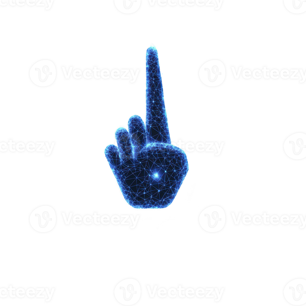 Glowing blue hand made of digital lines and dots points upward, symbolizing technology and innovation. futuristic design conveys sense of direction and progress png