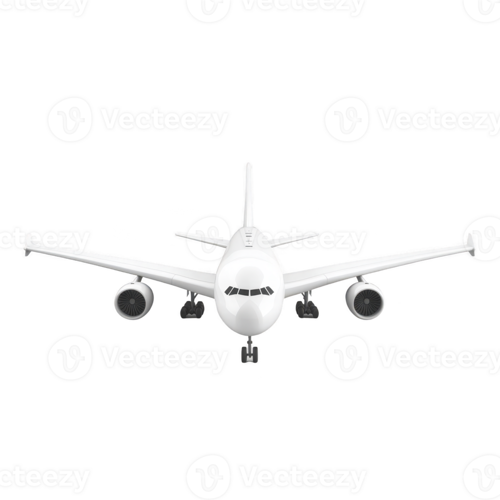 Front view of white commercial airplane isolated on transparency background, showcasing its sleek design and powerful engines. image emphasizes aircraft symmetry and modern engineering png