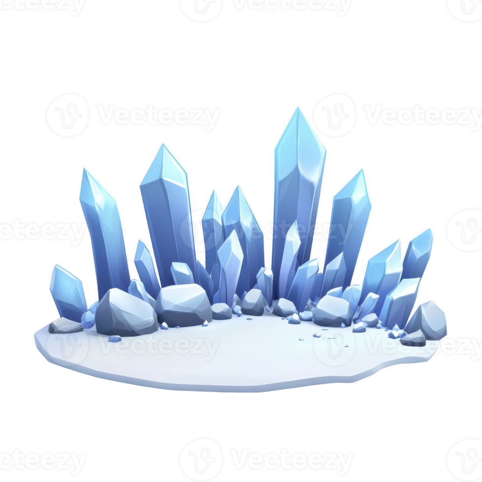 Cluster of blue crystals emerges from snowy base, showcasing sharp, angular formations. icy appearance and cool tones evoke sense of tranquility and wonder png