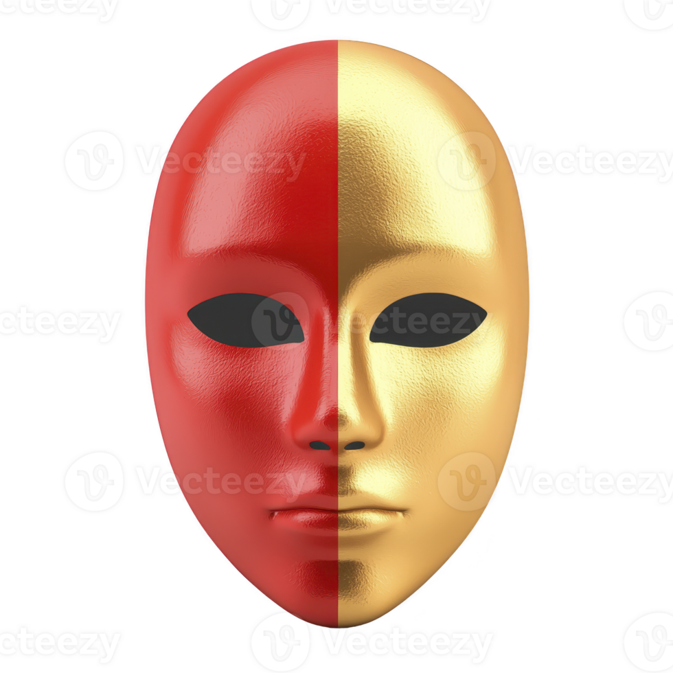Red and gold mask with smooth, glossy surface is split down middle, creating striking contrast. mask features simple, stylized facial features and evokes sense of mystery png
