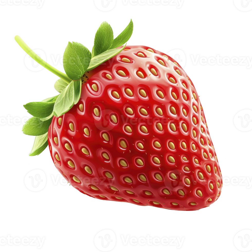 Vibrant, glossy red strawberry with green leaves, isolated on transparency background, showcasing its fresh and juicy texture. Perfect for food and health related themes png