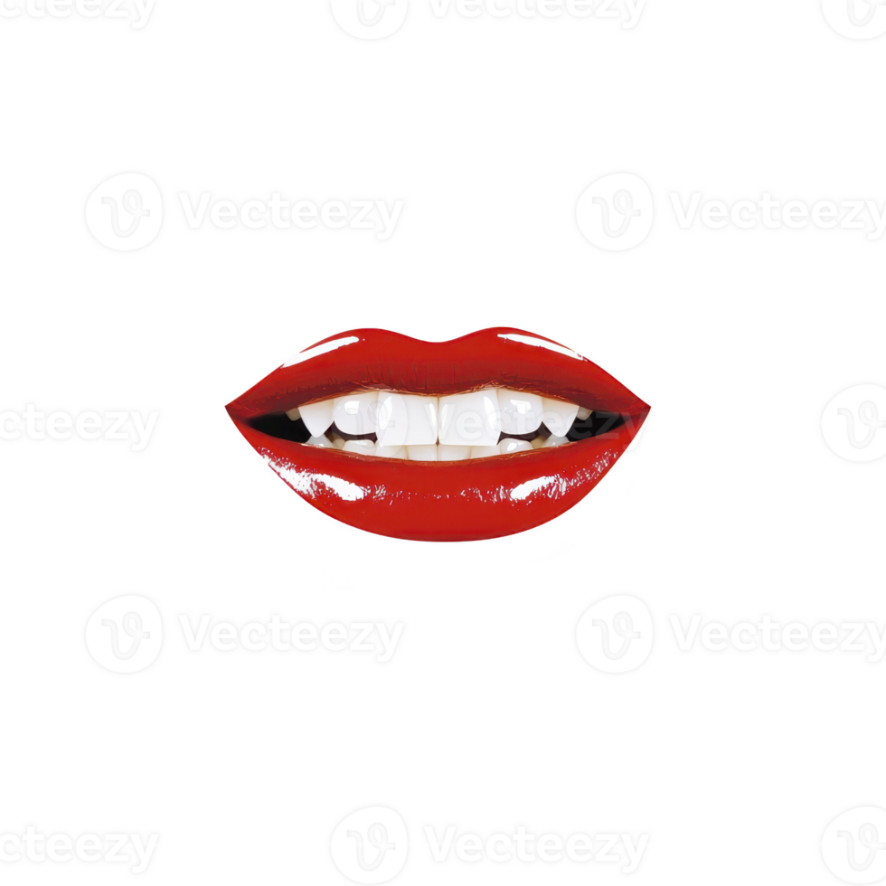 Pair of glossy red lips with bright, shiny finish, slightly parted to reveal white teeth, set against plain background. image conveys sense of boldness and glamour png
