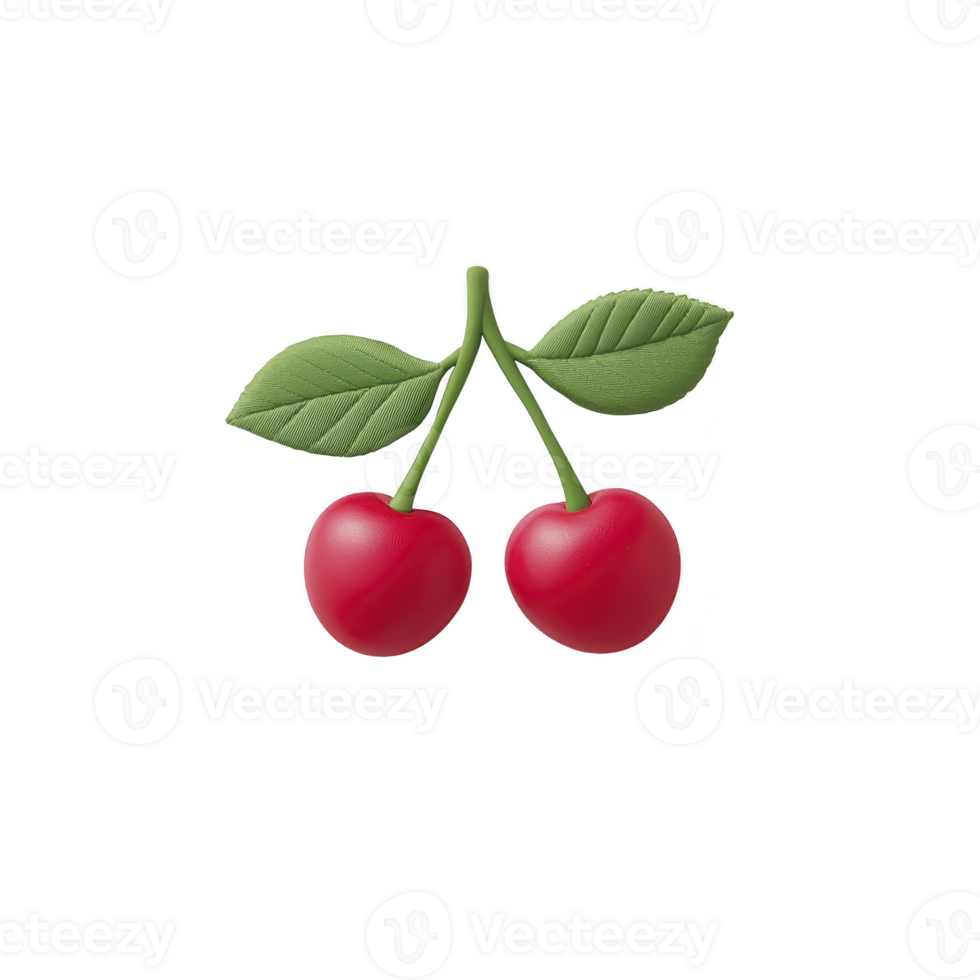 Two bright red cherries with green leaves are depicted against plain background, showcasing fresh and vibrant appearance. cherries are connected by single stem, emphasizing their natural beauty png