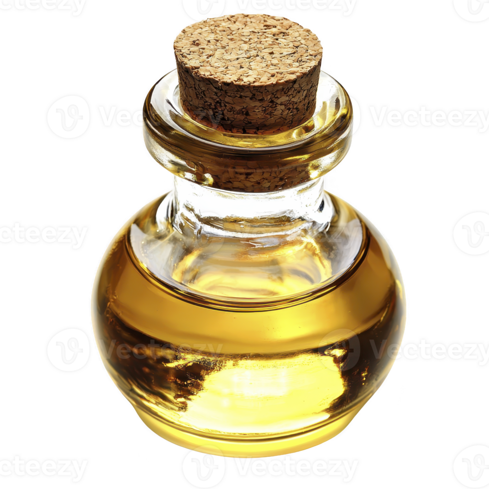 Small glass bottle filled with golden liquid and sealed with cork stopper, perfect for storing essential oils or perfumes. clear glass showcases vibrant color of liquid inside png