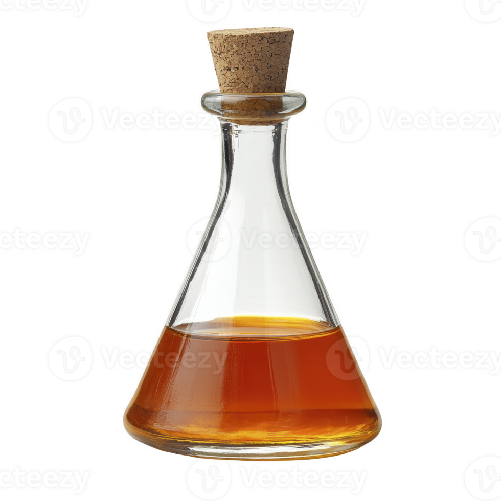 Glass flask with cork stopper contains amber liquid, possibly oil or vinegar, showcasing simple and elegant design. transparent glass highlights rich color of liquid inside png
