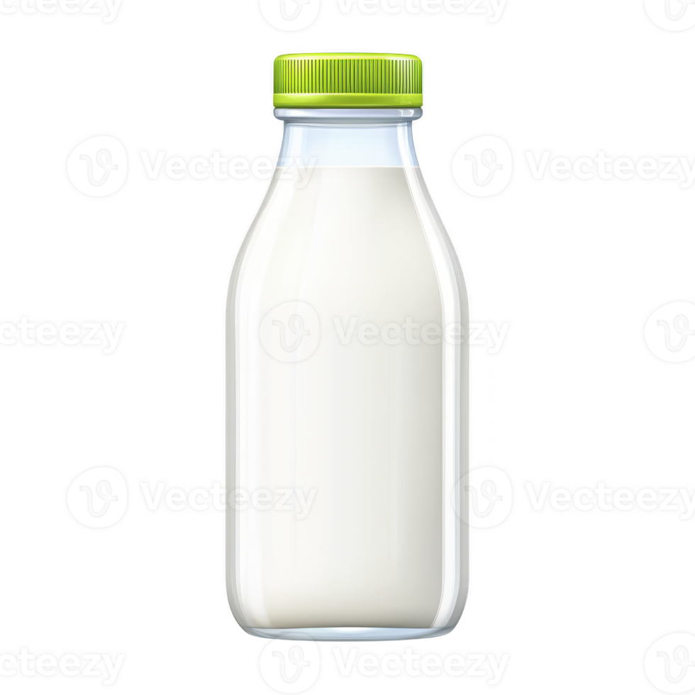 Clear glass bottle filled with milk and sealed with green cap, isolated on transparency background. simple design emphasizes freshness and purity png