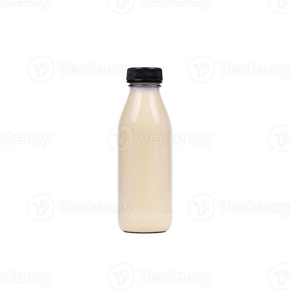 Small glass bottle with black cap contains creamy beige liquid, possibly beverage or sauce, isolated on transparency background png