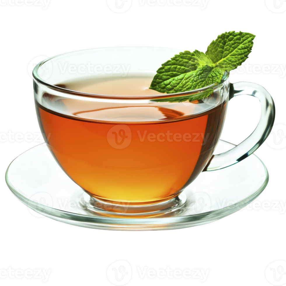 Clear glass cup filled with amber colored tea is garnished with fresh mint leaves, creating refreshing and inviting appearance. cup sits on matching glass saucer png