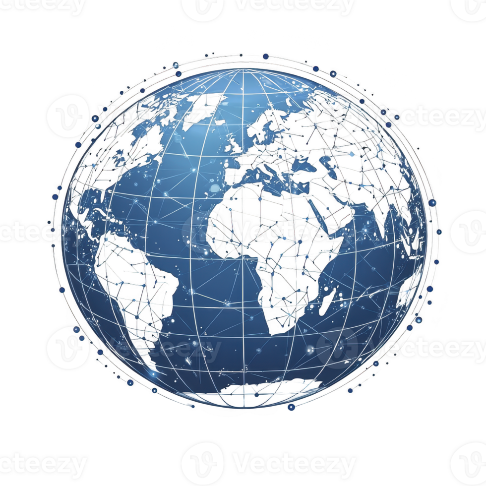 Digital illustration of blue globe with interconnected lines and nodes, representing global communication and connectivity. continents are visible, emphasizing networked world png