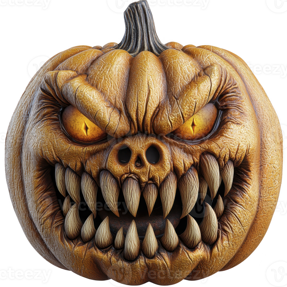Menacing carved pumpkin with sharp teeth and glowing eyes creates spooky Halloween atmosphere. detailed texture and fierce expression add to its eerie charm png