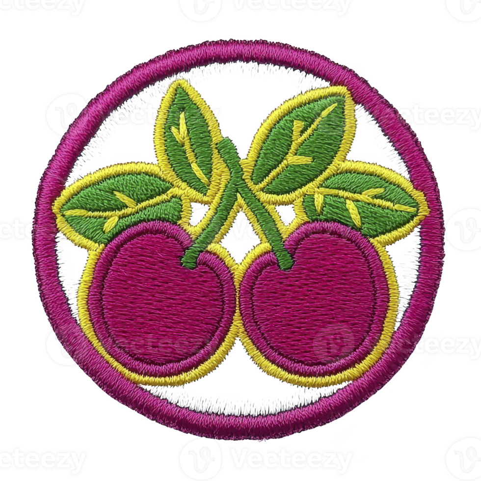 Vibrant embroidered patch features two magenta cherries with green leaves, encircled by magenta border. design is detailed and colorful, perfect for adding playful touch to clothing or accessories png