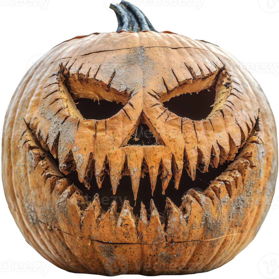Carved pumpkin with menacing expression, featuring sharp teeth and slanted eyes, perfect for Halloween decoration. pumpkin surface is textured and weathered, adding to its eerie appearance png