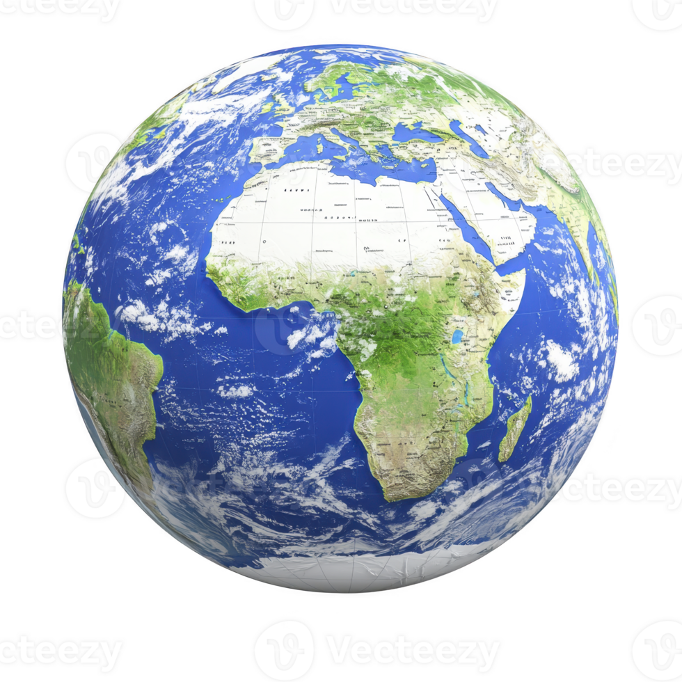 Detailed view of Earth showcasing continents, oceans, and cloud formations. image highlights Africa, Europe, and parts of Asia, emphasizing planet natural beauty and diversity png