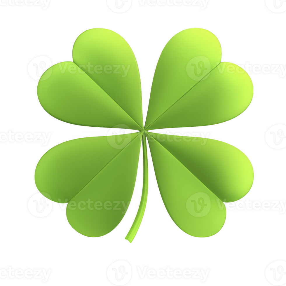 Vibrant green four leaf clover symbolizing luck and prosperity, with smooth, glossy texture and symmetrical design, set against plain background png