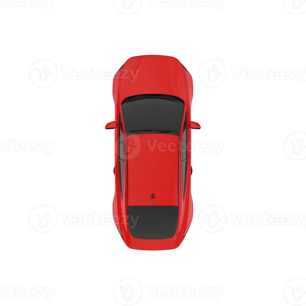 Aerial view of sleek red car with black roof, showcasing modern and sporty design. vibrant color and streamlined shape emphasize speed and style png